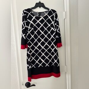 Enfocus Studio Black and White Grid Dress with Red Accents
